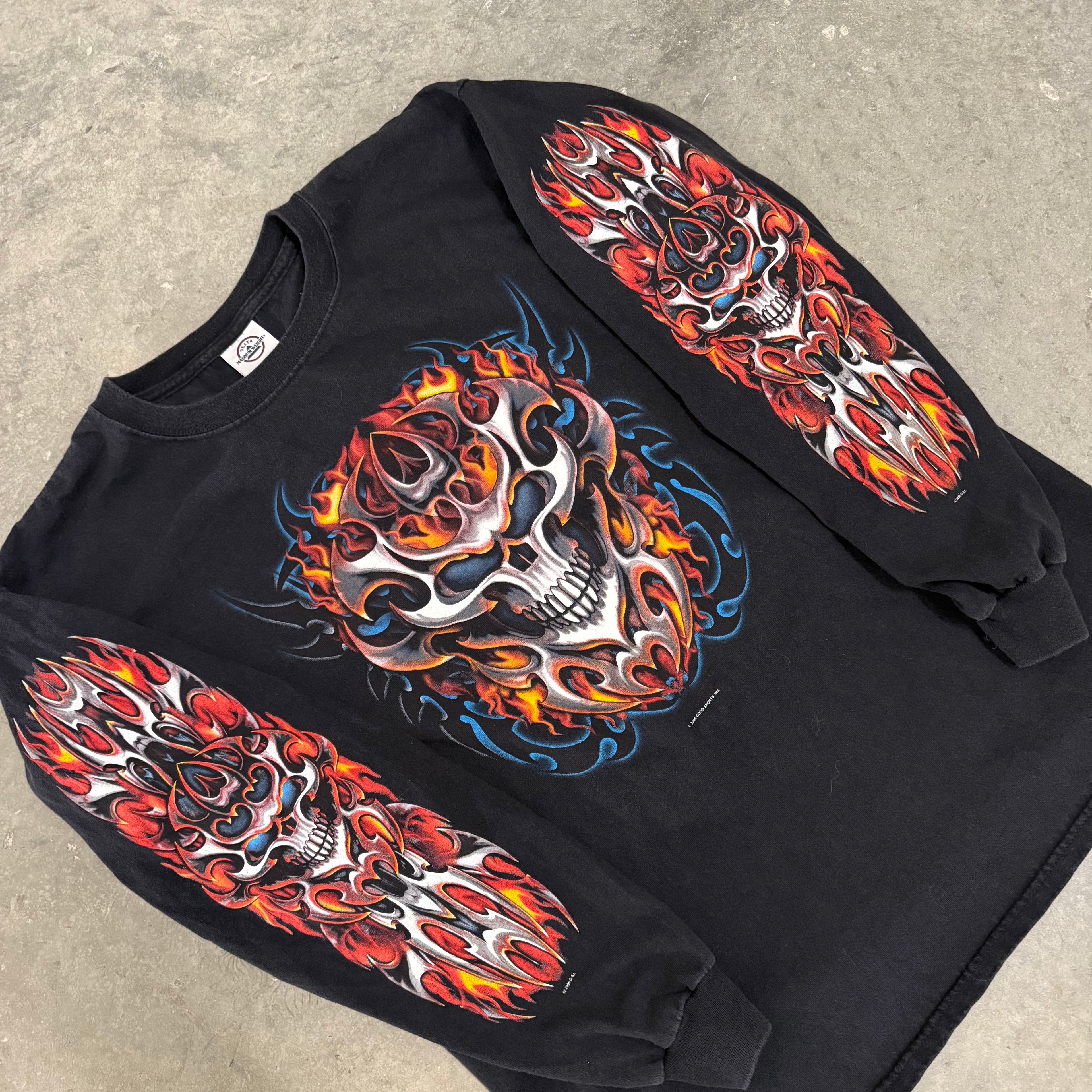 Vintage Skull Flame Y2K Grim Reaper Bike shop Longsleeve Large