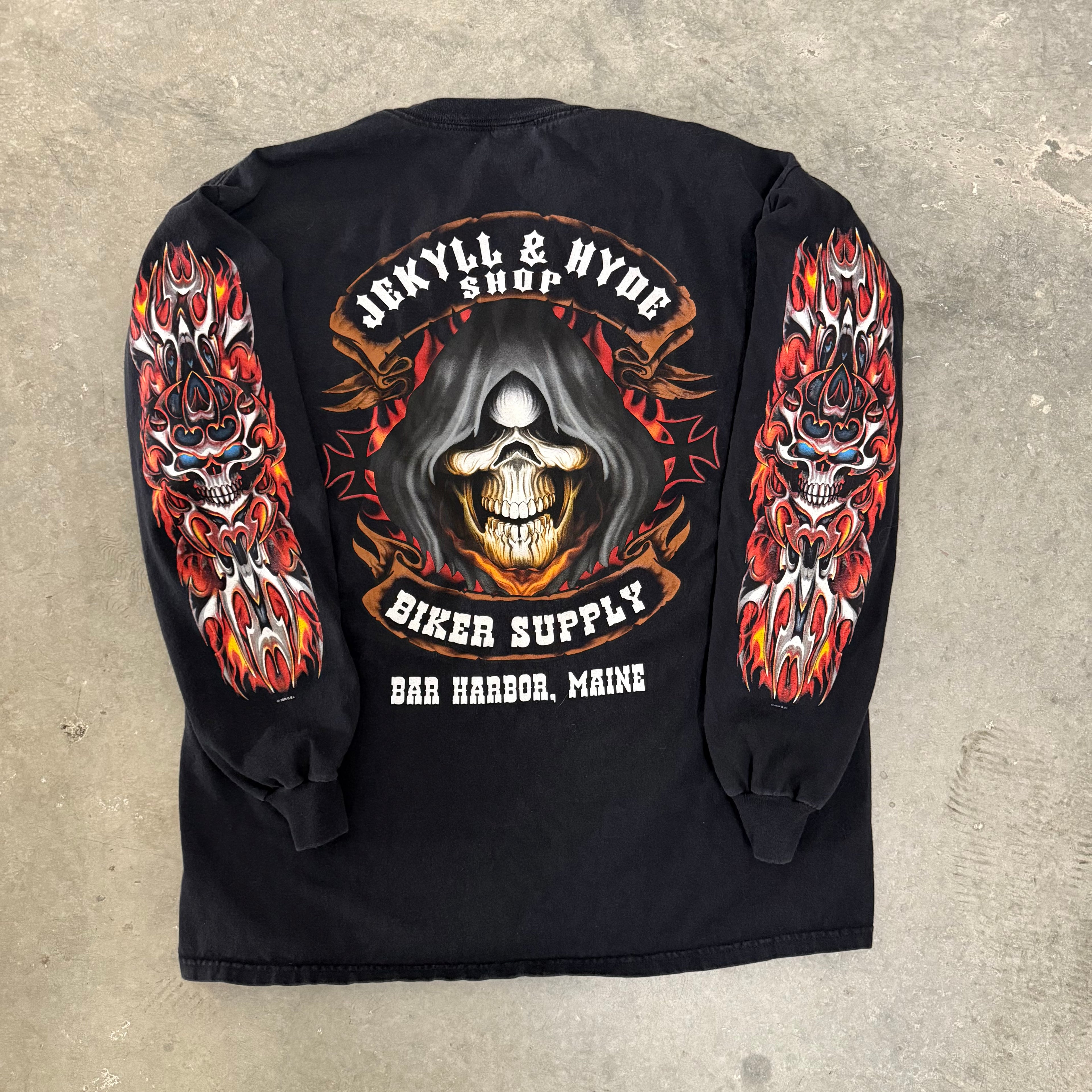 Vintage Skull Flame Y2K Grim Reaper Bike shop Longsleeve Large