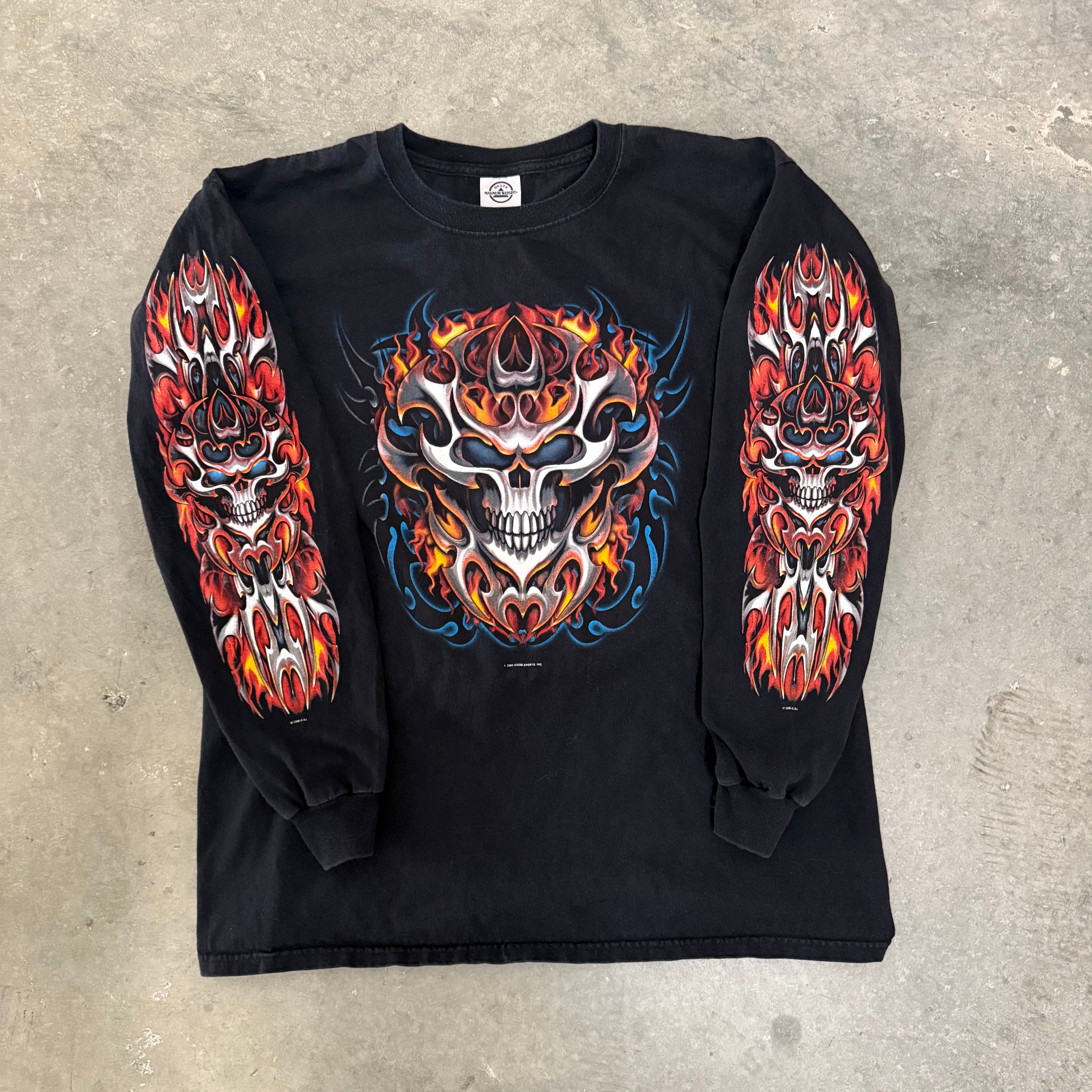Vintage Skull Flame Y2K Grim Reaper Bike shop Longsleeve Large