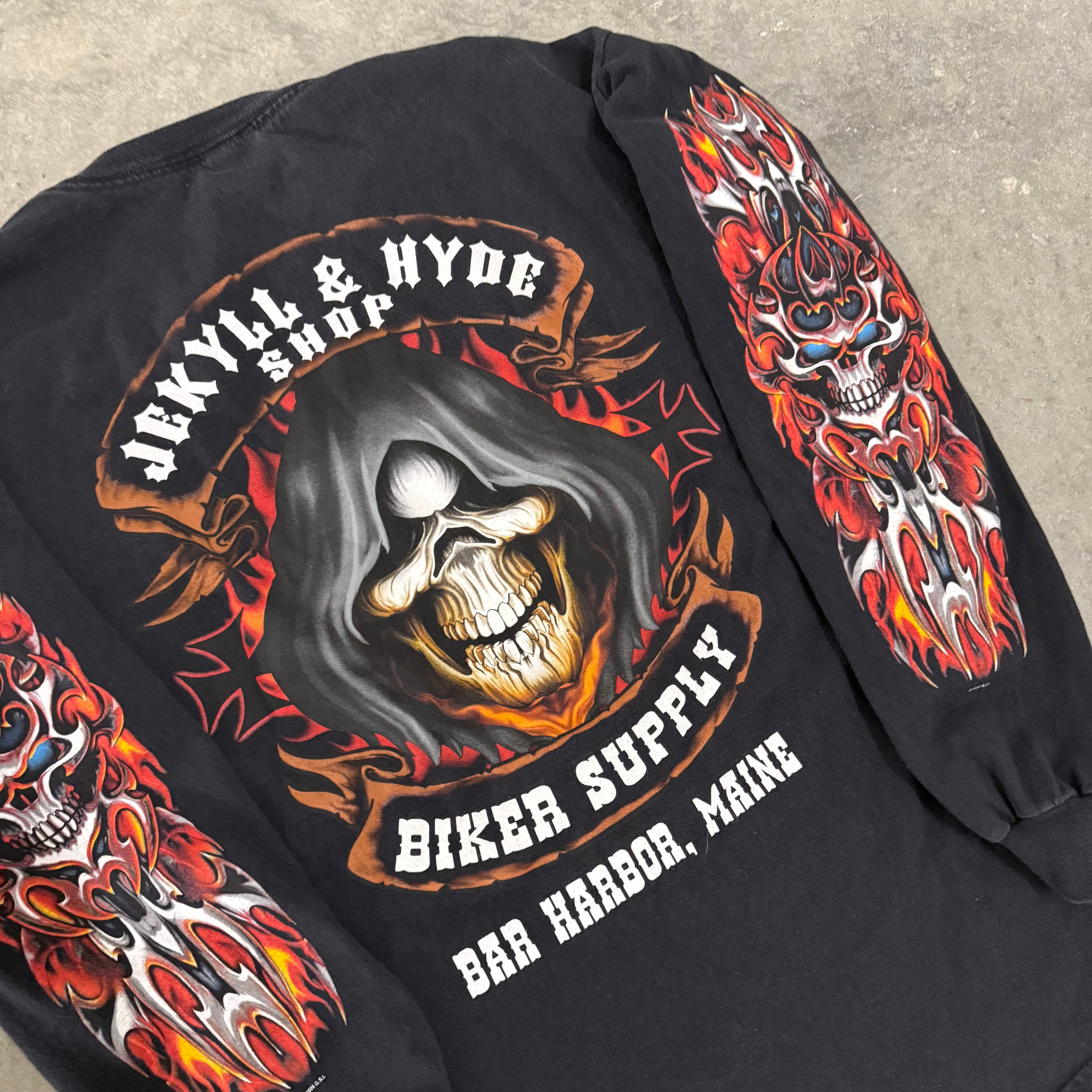 Vintage Skull Flame Y2K Grim Reaper Bike shop Longsleeve Large